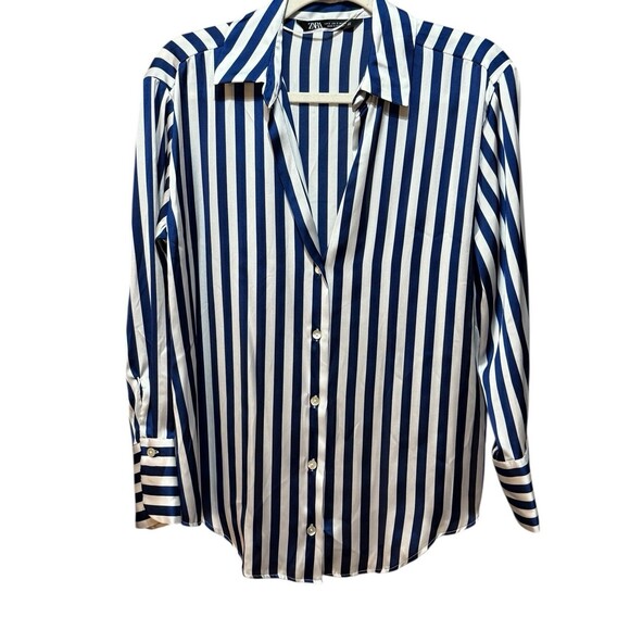 ZARA Blue White Satin Stripe Button Down Blouse | Classic Chic Work Top Sz S - Picture 3 of 8
